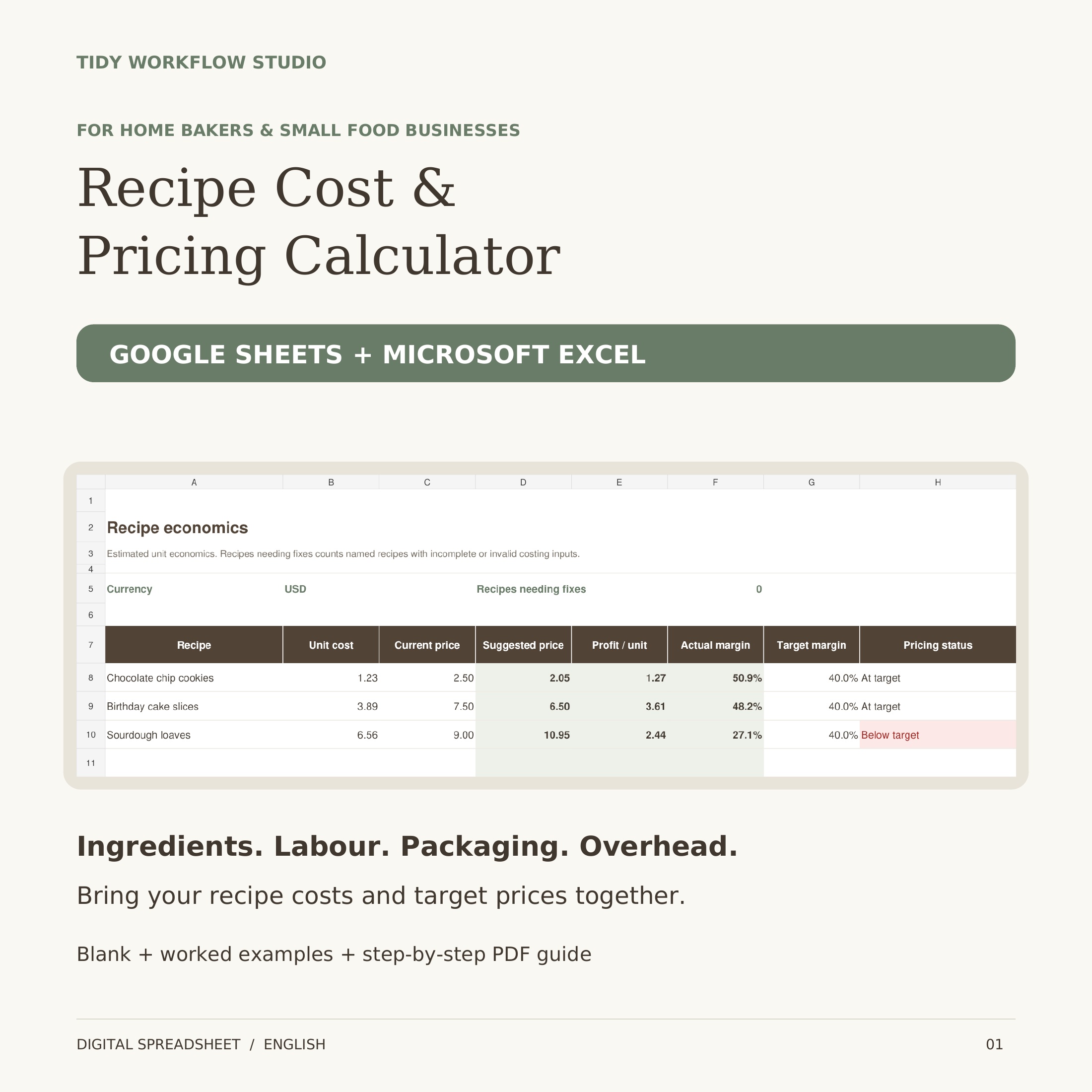 Recipe Cost and Pricing Calculator product preview with spreadsheet screens